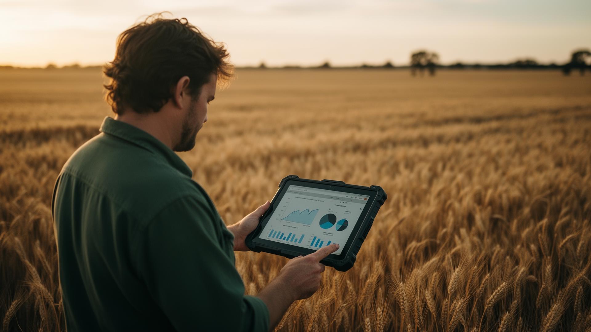 A farmer reviewing operational data on a rugged tablet in a wheat paddock at golden hour